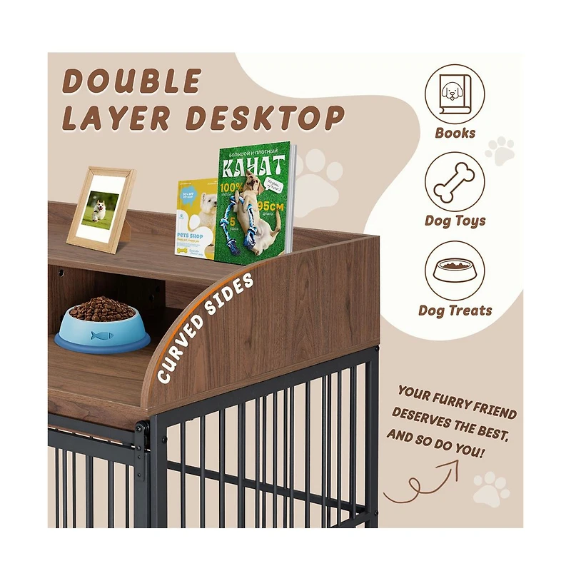 Aostirmotor 44'' Brown Heavy Duty Large Dog Crate Furniture Lockable Wheels Double Layer Storage