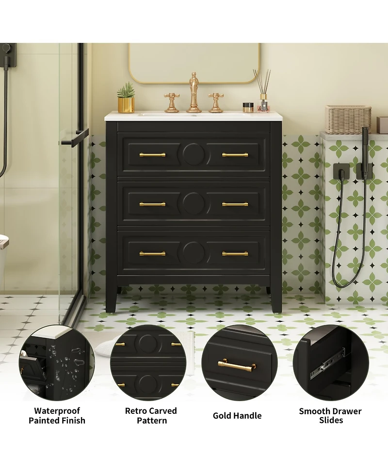 Casainc 30" Freestanding Vanity With Ceramic Sink Combo and 3 Drawers, Solid Wood Frame