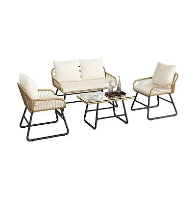 Yaheetech 4-Piece Patio Furniture Conversation Set 1 Boho Table & 1 Loveseat & 2 Conversation Chairs, Tan/Cream