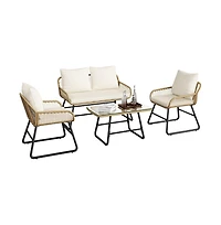 Yaheetech 4-Piece Patio Furniture Conversation Set 1 Boho Table & 1 Loveseat & 2 Conversation Chairs, Tan/Cream