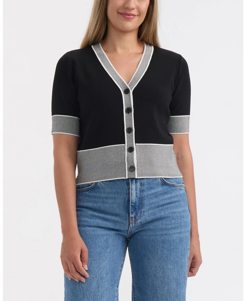 Ellen Tracy Women's V-Neck Short Sleeve Knit Cardigan with Contrast Tipping