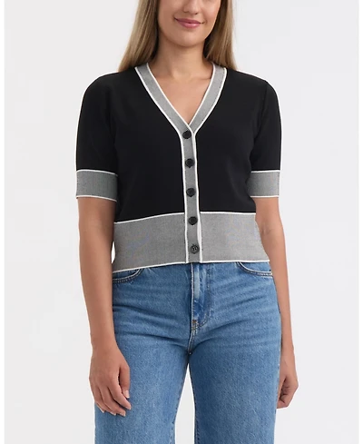 Ellen Tracy Women's V-Neck Short Sleeve Knit Cardigan with Contrast Tipping