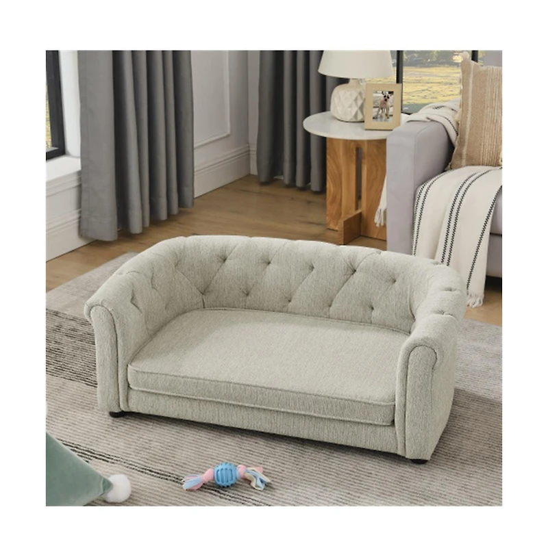 Aostirmotor Beige Rectangular Pet Sofa with Arc-shaped Backrest, Armrests and Linen Soft Cushion