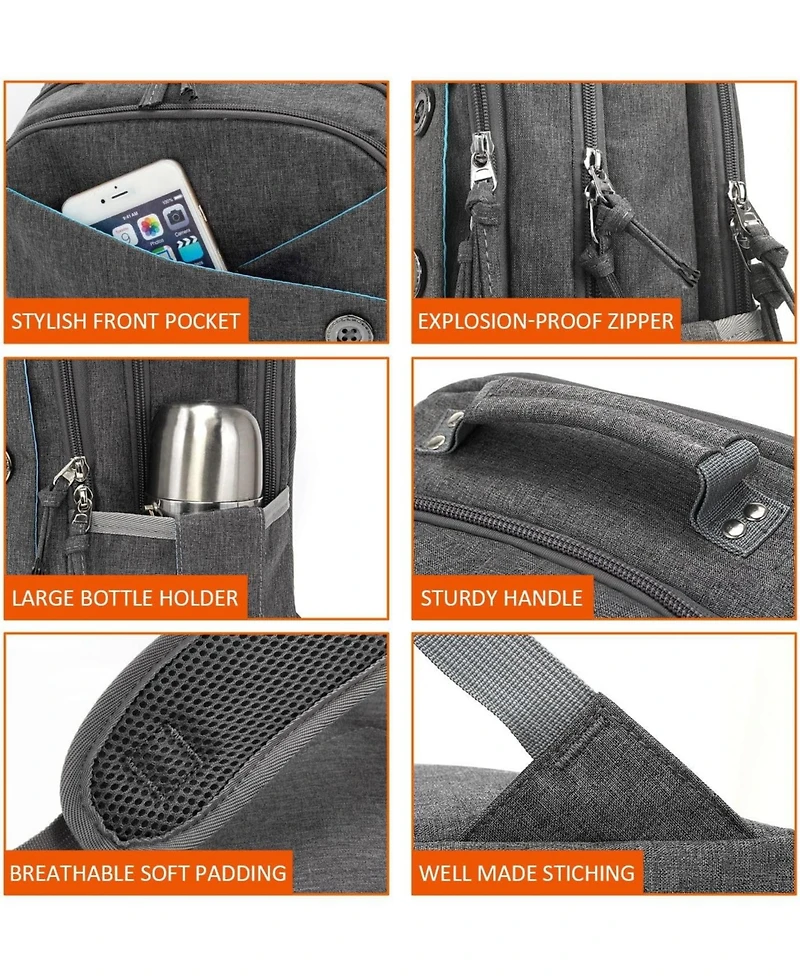15.6 inch Grey Laptop Backpack for Men Women, Stylish Buttons Decor Daypack with Usb Charging Port, Water Resistant Computer Bag Notebook Bag Suitable