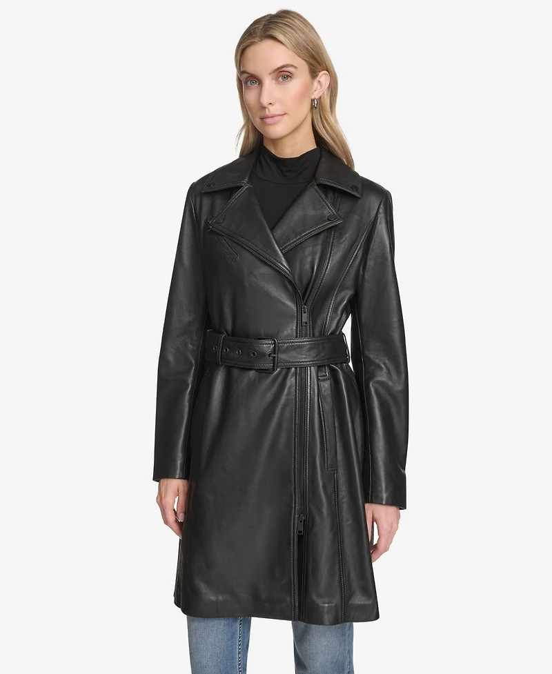 Andrew Marc Women's Jacqui Moto Style Leather Trench Coat