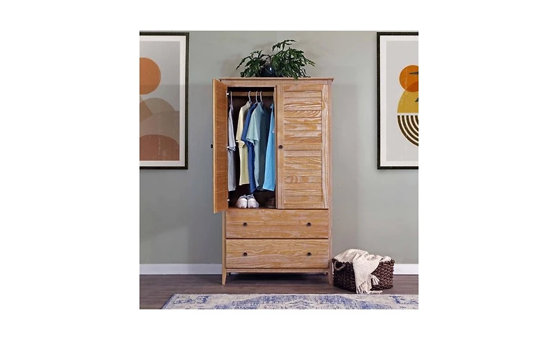 Slickblue Farmhouse Louvered Armoire Distressed Driftwood Finish, Solid Pine Wood