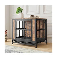 Aostirmotor 27.48'' Rustic Brown Wooden Dog Crate Table Sliding Doors Thick Iron Frame Indoor