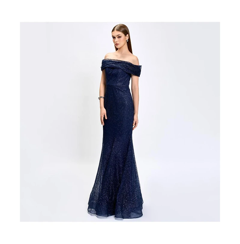 Bariano Women's Alianna Off Shoulder Glitter Gown