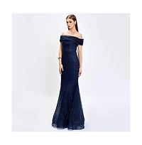 Bariano Women's Alianna Off Shoulder Glitter Gown