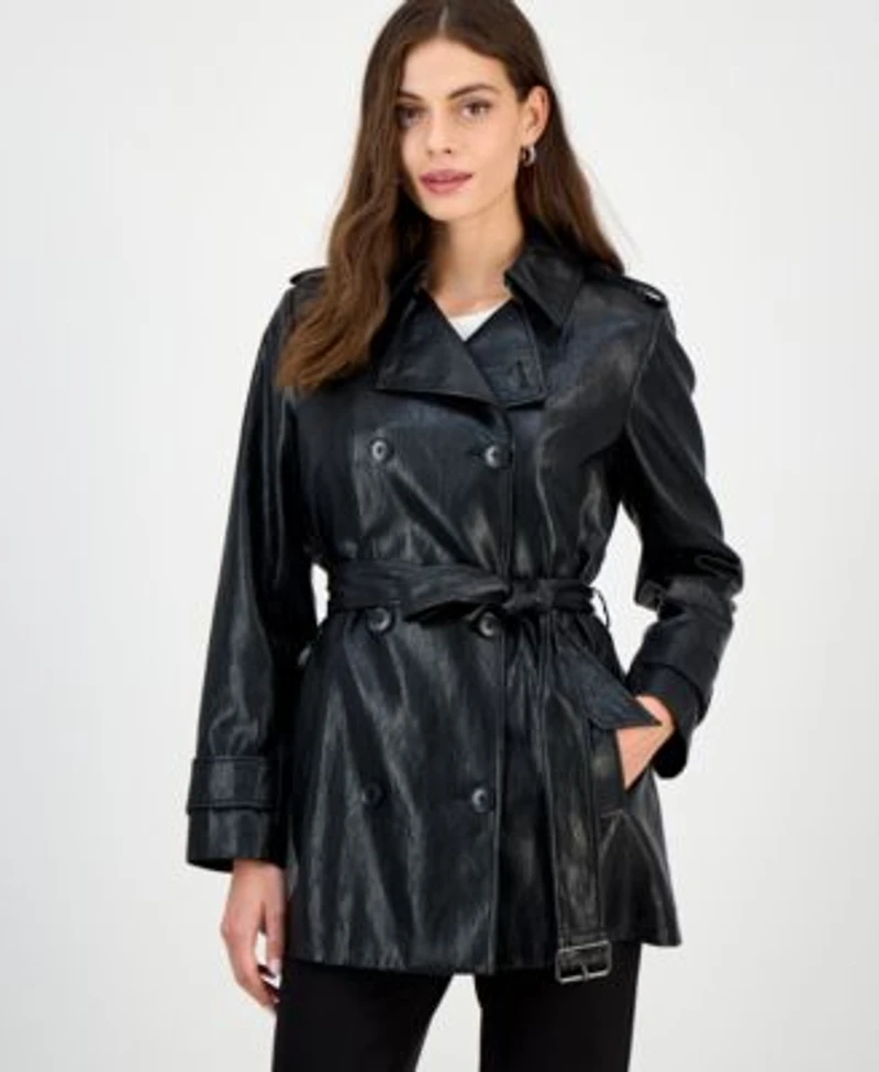 Bcbgmaxazria Womens Double Breasted Faux Leather Belted Trench Coat P Xxs Xxl