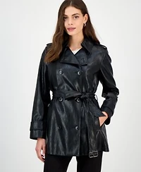 Bcbgmaxazria Womens Double Breasted Faux Leather Belted Trench Coat P Xxs Xxl