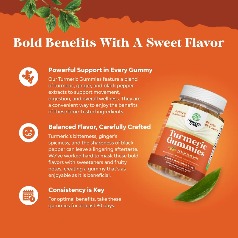 Nature's Craft Turmeric Gummies, Extra Strength Joint Support Gummies with Turmeric Curcumin with Black Pepper Extract and Ginger, Nature's Craft, 120