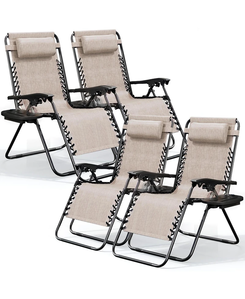 Outdoor Patio Zero Gravity Chairs Set of 4 - Reclining Lounge with Pillows & Cup Holders