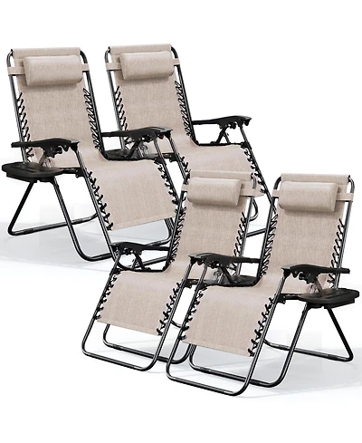 Outdoor Patio Zero Gravity Chairs Set of 4 - Reclining Lounge with Pillows & Cup Holders