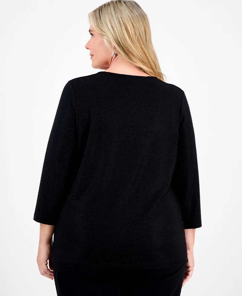 Jm Collection Plus Metallic Jacquard 3/4-Sleeve Top