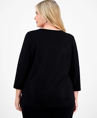 Jm Collection Plus Metallic Jacquard 3/4-Sleeve Top