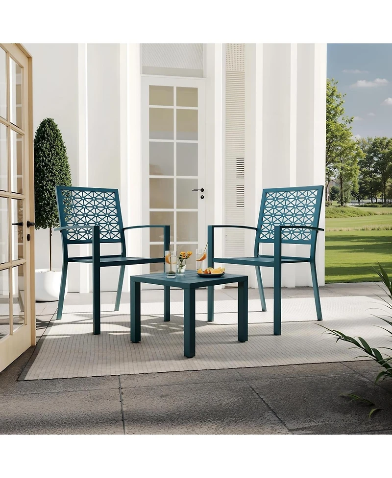 Gaomon 3 Pcs Blue Patio Bistro Set, Outdoor Stackable Steel Chairs & Square Coffee Table for Balcony, Porch, Garden, Lawn