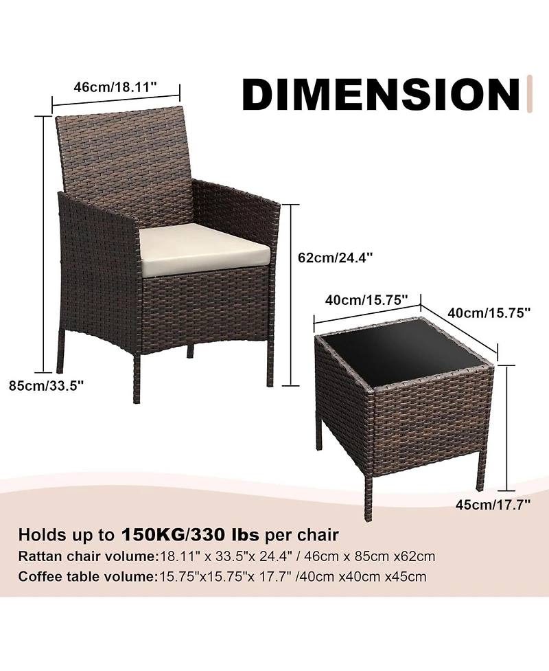gaomon 3 Pieces Brown/Beige Rattan Patio Furniture Set with Upholstered Chairs & Coffee Table for Garden, Backyard & Porch