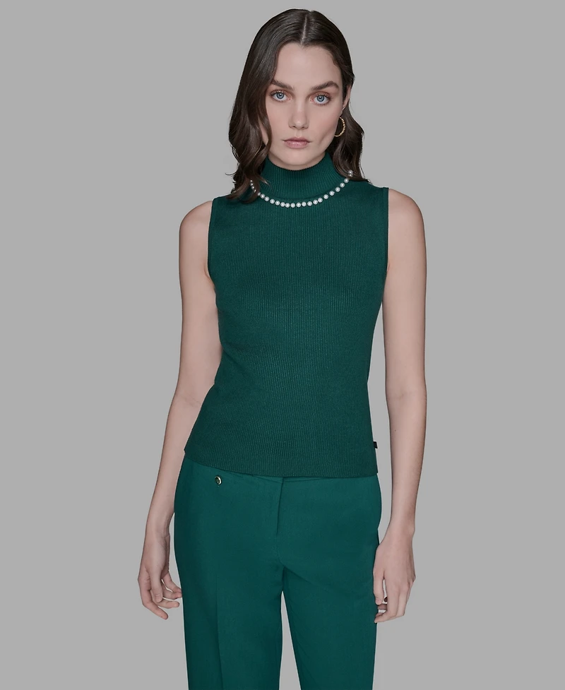 Karl Lagerfeld Paris Women's Bead-Embellished Sleeveless Mock-Neck Top