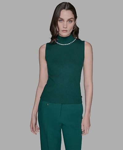 Karl Lagerfeld Paris Women's Bead-Embellished Sleeveless Mock-Neck Top