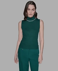 Karl Lagerfeld Paris Women's Bead-Embellished Sleeveless Mock-Neck Top