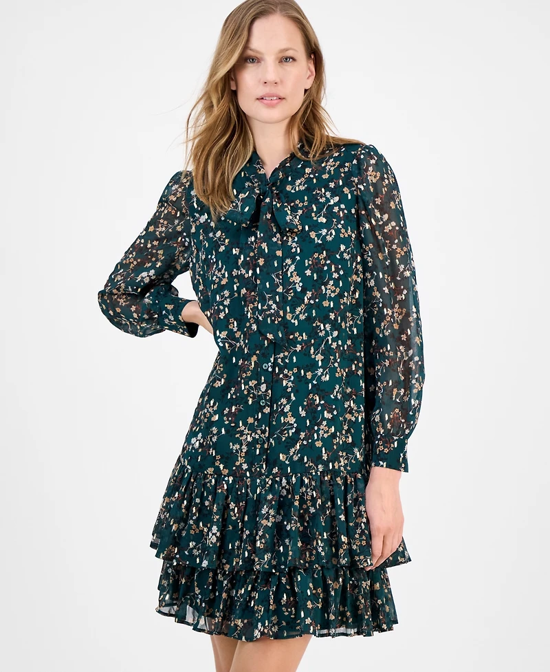 Anne Klein Women's Floral Print Blouson-Sleeve Shirtdress