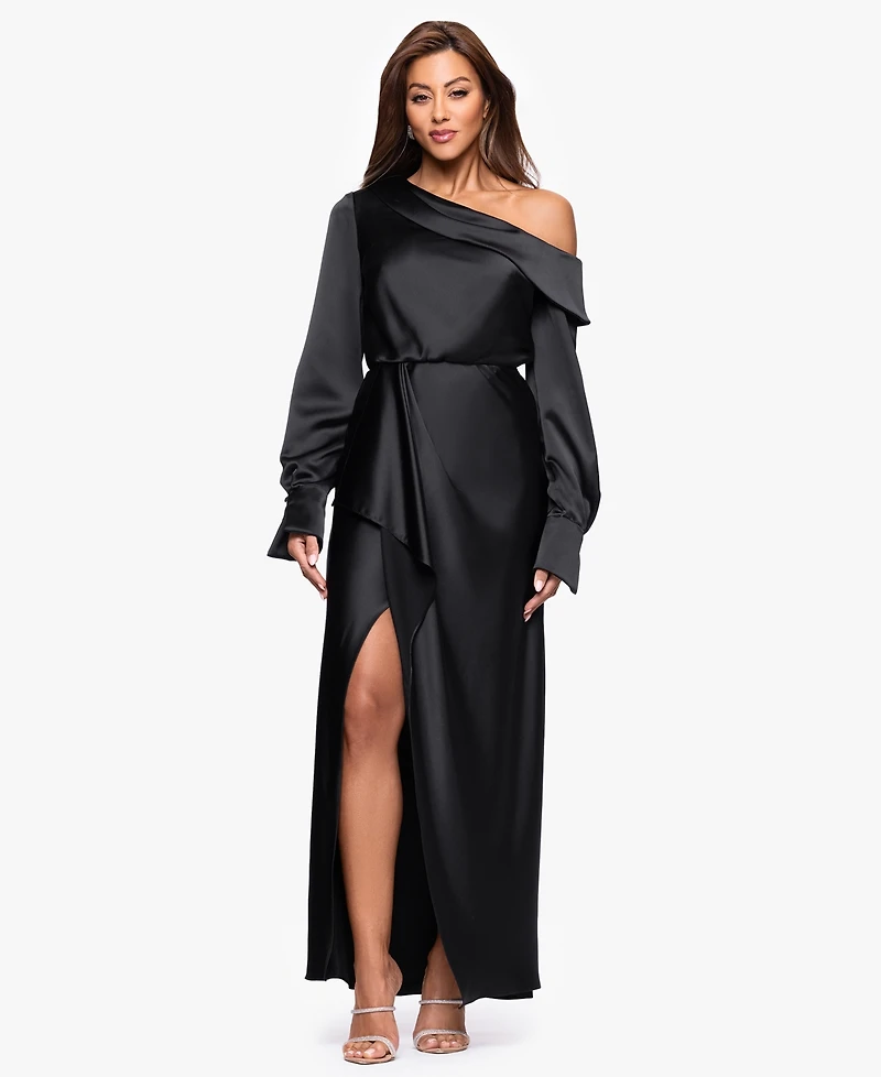 Xscape Women's One Shoulder Sash Satin Long Dress