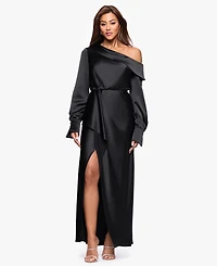 Xscape Women's One Shoulder Sash Satin Long Dress