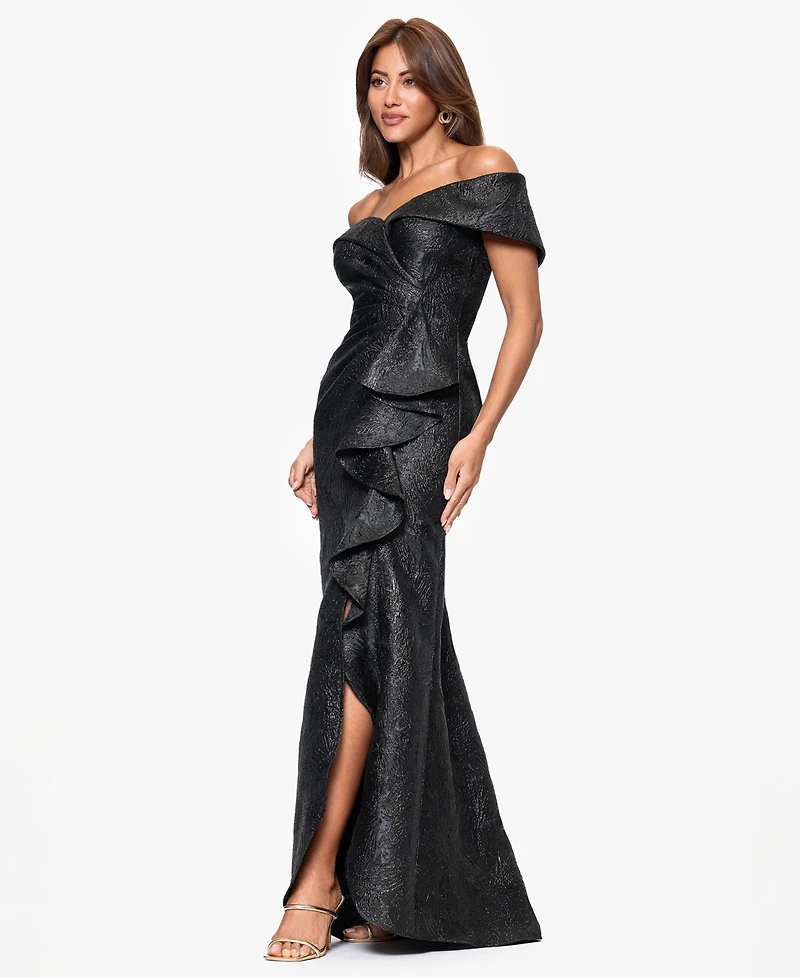 Xscape Women's Brocade Off-The-Shoulder Ruffled Long Dress