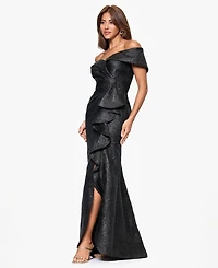 Xscape Women's Brocade Off-The-Shoulder Ruffled Long Dress