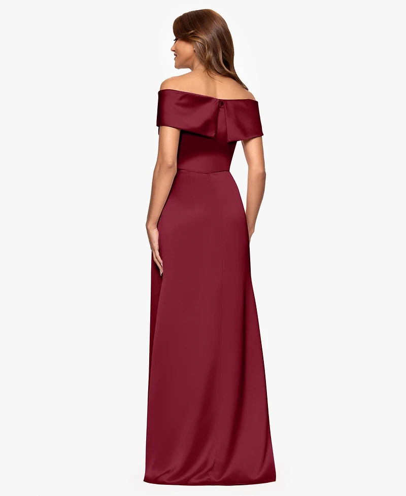 Xscape Women's Off-The-Shoulder Short Sleeve Satin Long Dress