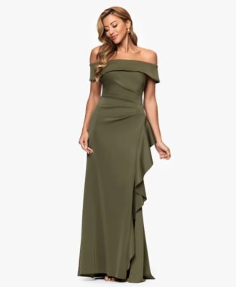 Xscape Womens Off The Shoulder Ruffled Side Slit Gown