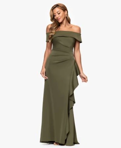 Xscape Womens Off The Shoulder Ruffled Side Slit Gown