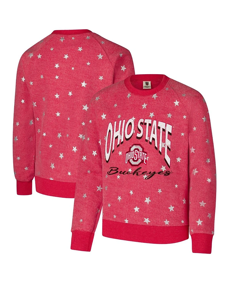 Wes & Willy Big Boys and Girls Scarlet Ohio State Buckeyes Shimmer Star Reverse Fleece Raglan Pullover Sweatshirt