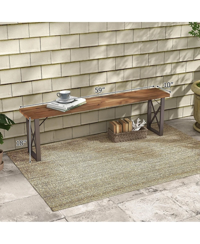 Gymax 59'' Outdoor Acacia Wood Benches Set of 2 for 2-3 Person w/ Metal Support