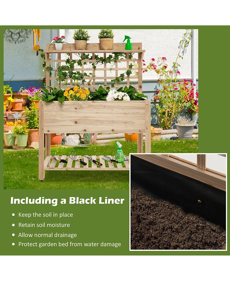 Gymax Raised Garden Bed Mobile Elevated Wooden Planter Box w/ Wheels Trellis Shelf