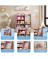 Jujabu Pink Wood Kids Bookshelf Toy Storage Organizer with Sling Book Rack Shelf for Playroom