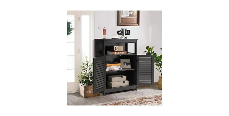 Slickblue Farmhouse Bathroom Linen Cabinet with Louvered Doors and Open Storage Shelf