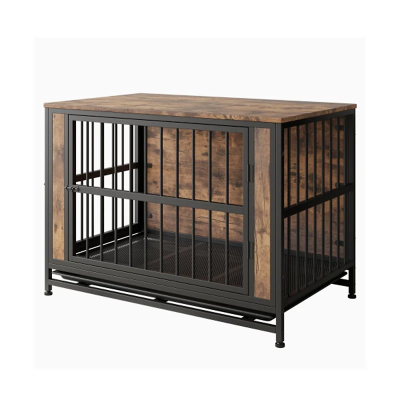 38.9in Rustic Brown Dog Crate Furniture Sliding Doors Thick Iron Frame Large Medium Small Dog