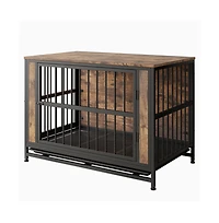 38.9in Rustic Brown Dog Crate Furniture Sliding Doors Thick Iron Frame Large Medium Small Dog