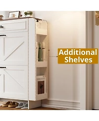 Ironck Shoe Storage Cabinet with 2 Flip Drawers and Barn Door, White/Walnut