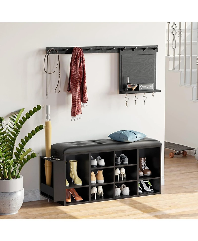 Ironck Shoe Bench, Ten Cubbies Storage Entryway Bench with Pu Leather, Black