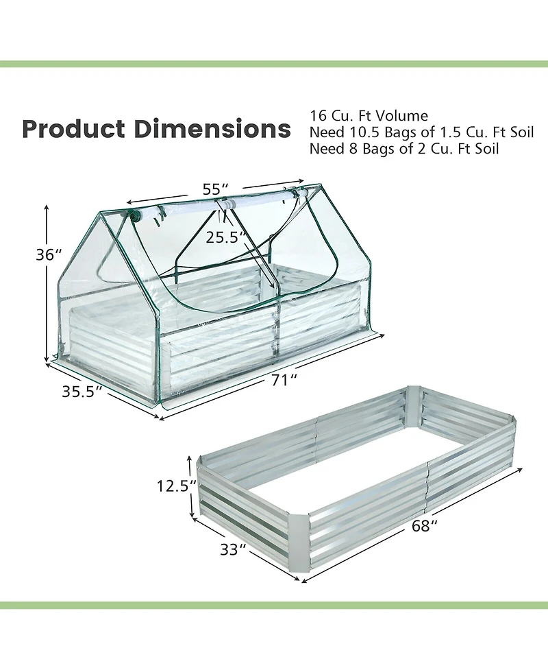 Gymax Galvanized Steel Raised Garden Bed Metal Planter Box Kit w/ Mini Greenhouse Cover