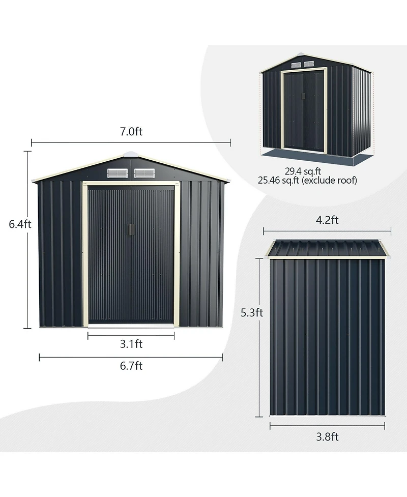 7 Feet x 4 Feet Metal Storage Shed with Sliding Double Lockable Doors - Gray
