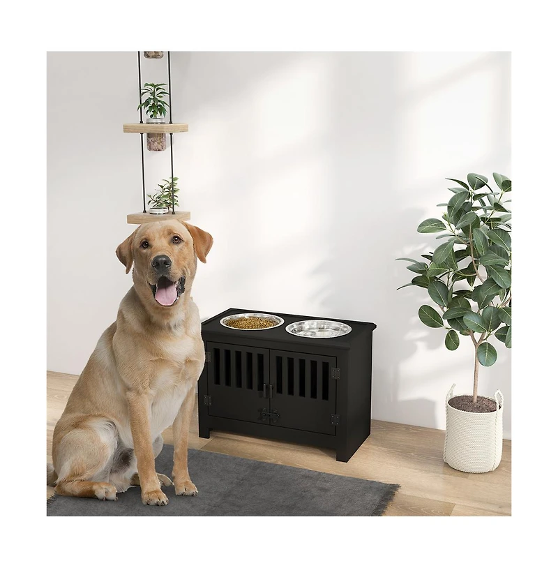 Aostirmotor 37in-l Black Elevated Dog Bowls Storage Cabinet Raised Dog Bowl Stand Feeding Station