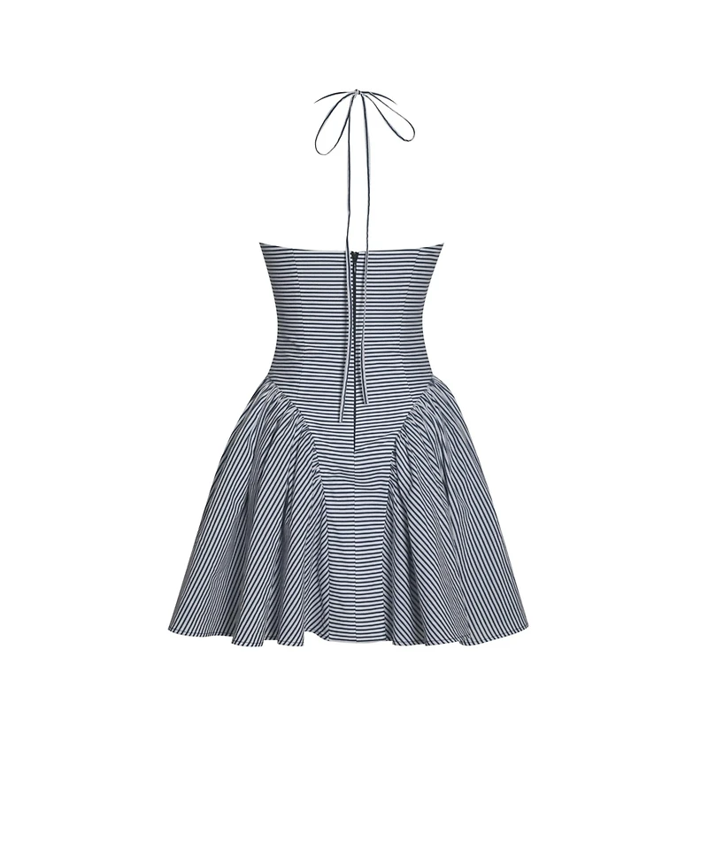 Miss Circle Women Melody Navy Blue Railroad Stripe Halter Drop Waist Mini Dress
