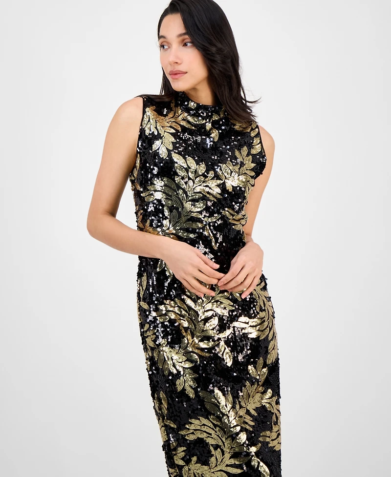 Anne Klein Women's Mock-Neck Sleeveless Sequined Midi Dress