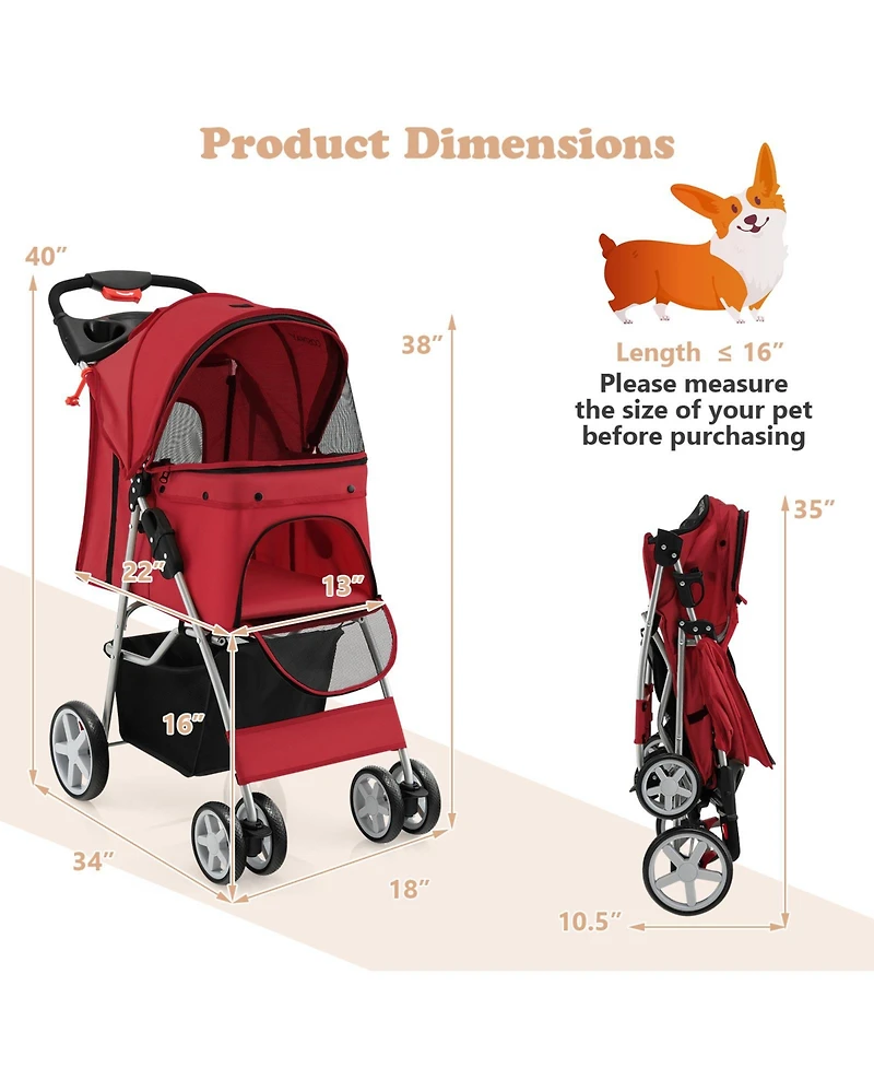 Akiudex Foldable Pet Stroller with Canopy, Storage Basket, and All-Terrain Wheels