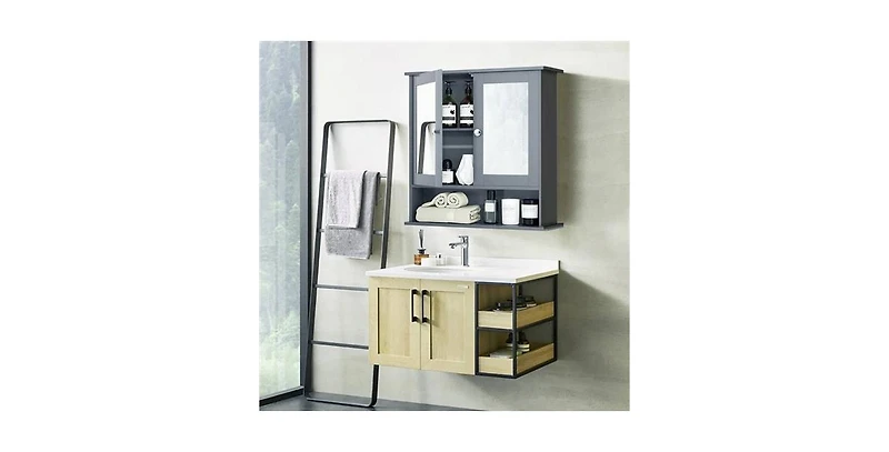 Slickblue Wood Bathroom Wall Cabinet with Mirrored Doors and Interior Storage Shelf