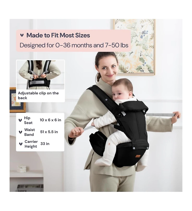 BabbleRoo Kids Carrier 6 1 with Hip Seat, Comfy & Adjustable Kangaroo Rose